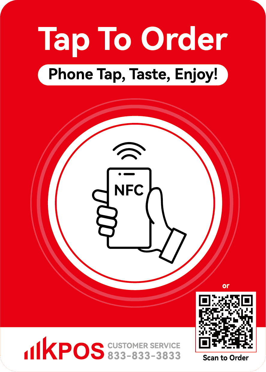 KPOS Tap To Order table sign — guests order directly by NFC tap or QR scan